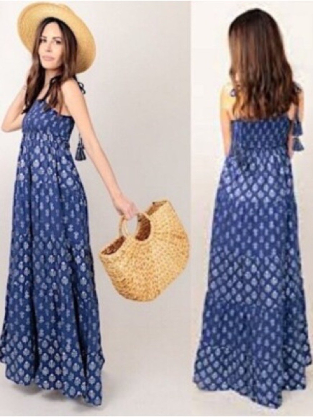 Blue Printed Maxi Dress with Smocked Bodice